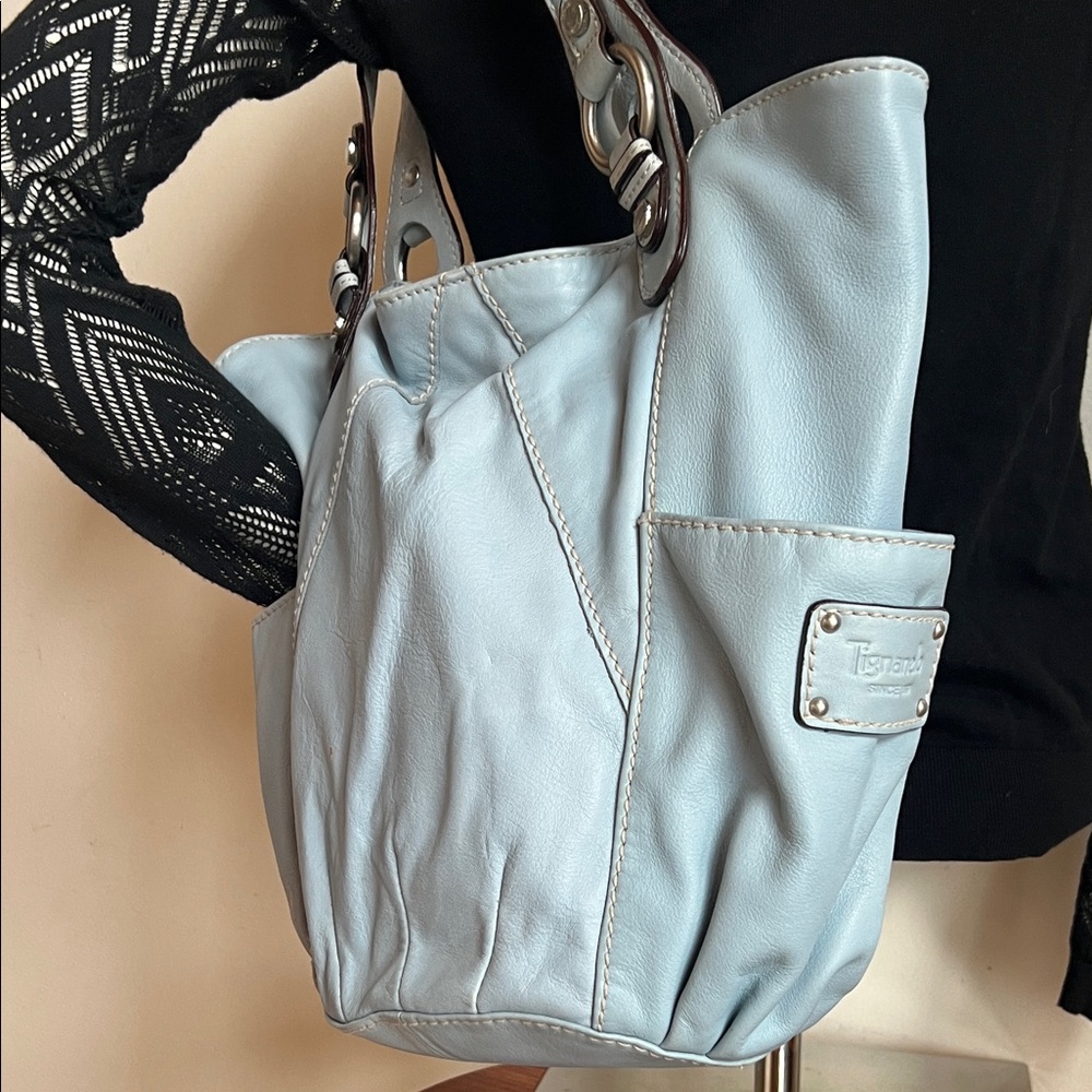 Tignanello rare Blue Leather Shoulder Bag multi striped interior